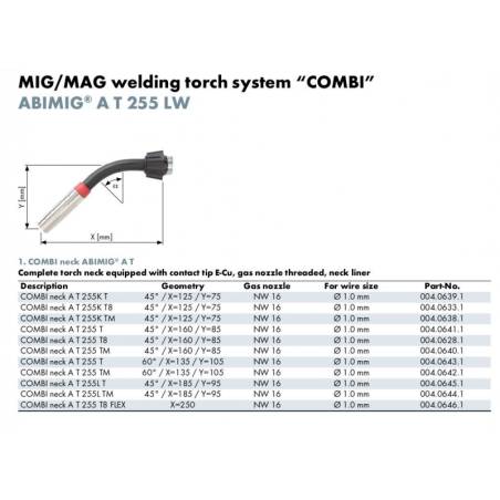 Cuello de antorcha Cuello COMBI, ABIMIG AT 255 T8, completo, 1,0 mm, NW16, (refrigerado por gas)