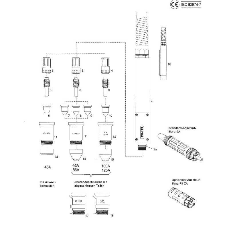Antorcha de plasma TM-125 con ZA o 1/4"-G - Automática - 6 m / 12 m - sin piezas de desgaste Antorcha de plasma TM-125 con ZA o 1/4"-G - Automática - 6 m / 12 m - sin piezas de desgaste