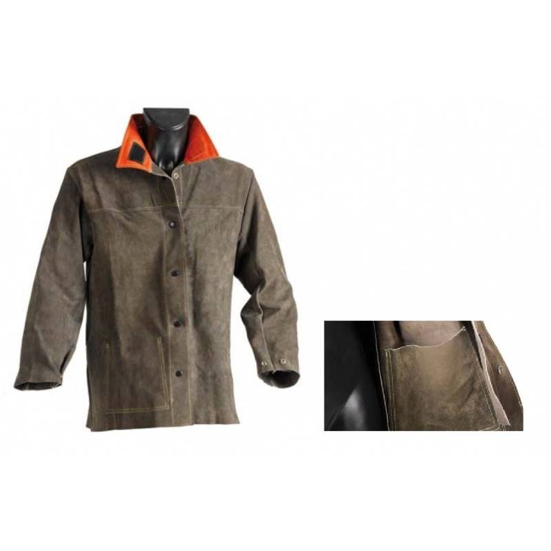 Chaqueta de soldador de cuero marrón. Mangas con puños elásticos, cierres a presión/velcro. Talla. L, XL, XXL y XXXL