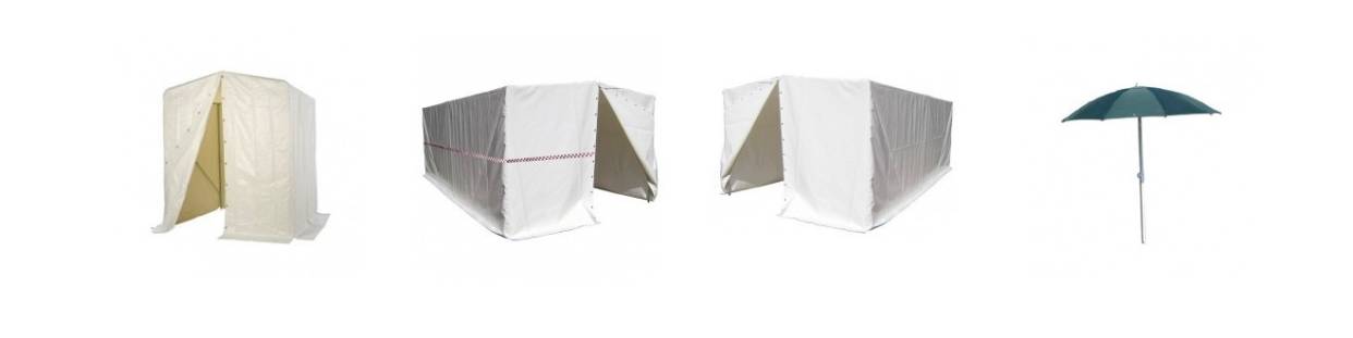 Soldadura, carpas de trabajo y sombrillas